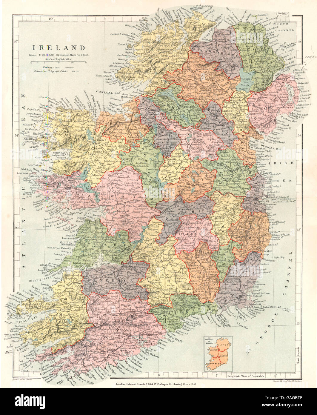 Irlanda: Irlanda; Finestra mappa delle province dell'Irlanda. Stanford, 1892 Foto Stock