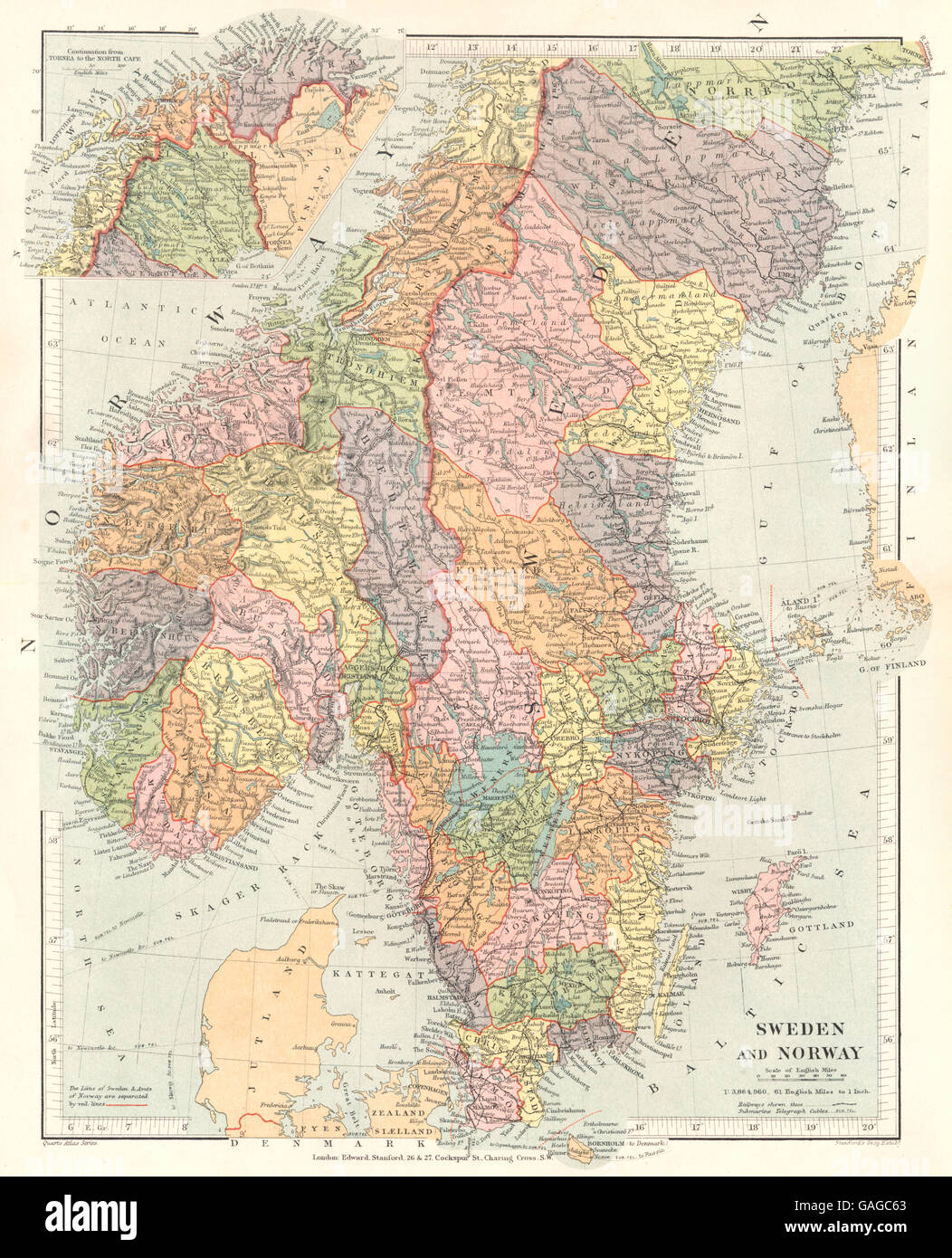 SCANDINAVIA: la Svezia e la Norvegia . Stanford, 1892 Mappa antichi Foto Stock