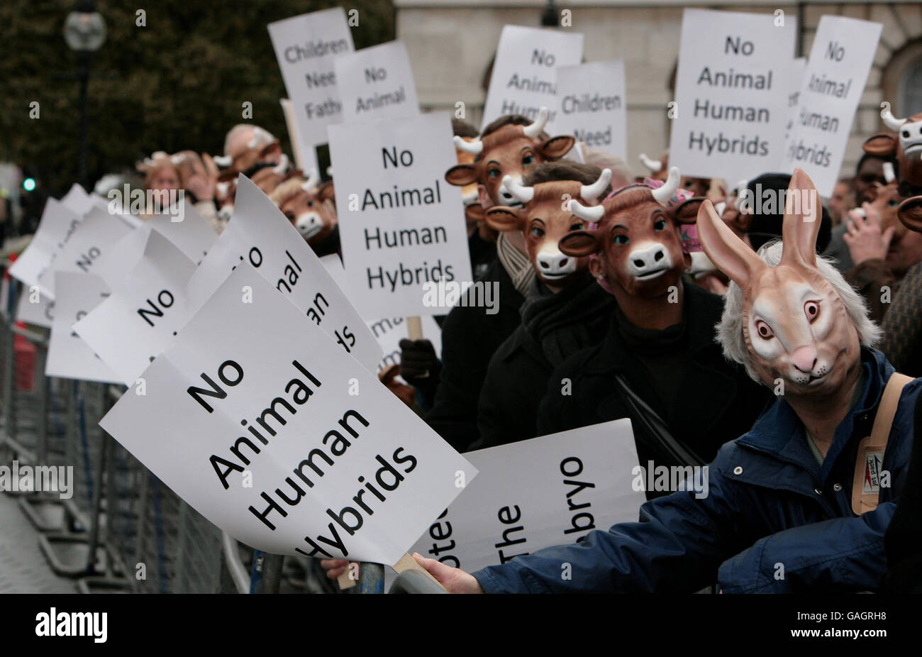 La preoccupazione cristiana per la nostra protesta della nazione per coincidere con il primo giorno della fase di rapporto del disegno di legge sulla fertilizzazione umana e l'embriologia nella Camera dei Lord. Old Palace Yard, Westminster. Foto Stock