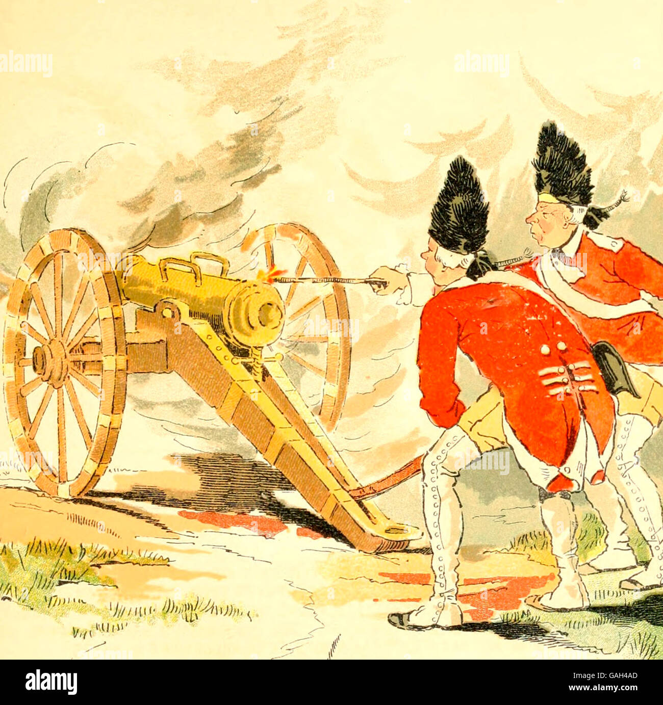 British redcoats illuminazione spenta cannone durante la guerra rivoluzionaria americana Foto Stock