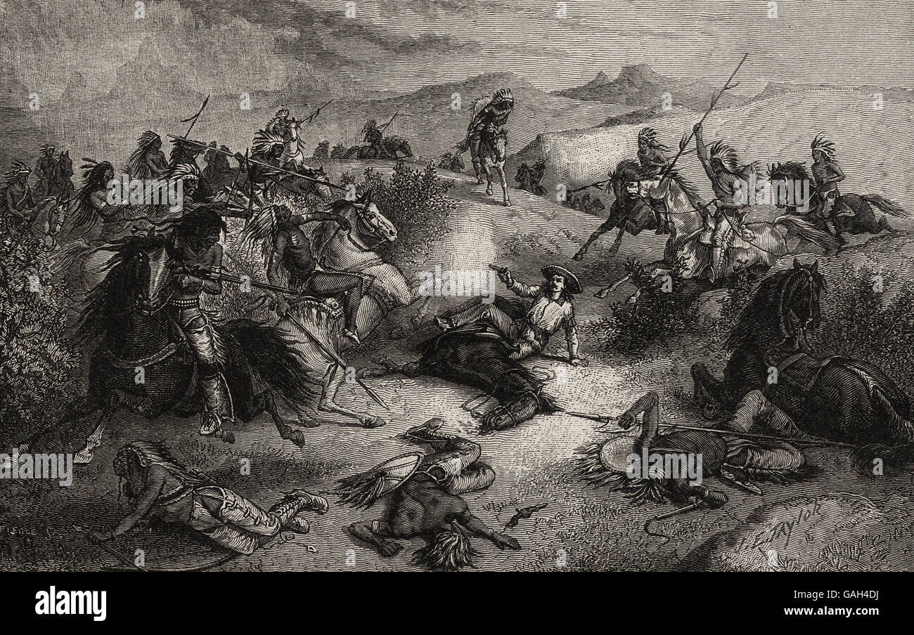 Sam della ciliegia ultimo colpo - circondato da Native American combattenti ed imperniate sotto il suo cavallo, Sam Cherry prende cinque scatti al suo attaccanti e utilizza l'ultimo colpo su se stesso Foto Stock