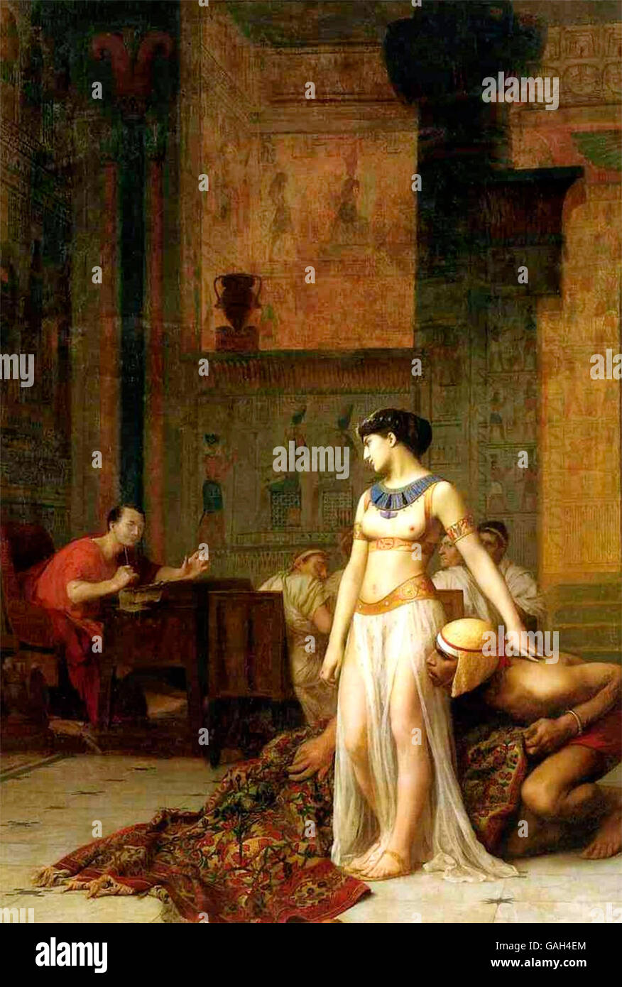 Cleopatra davanti a Cesare da Jean-Léon Gérôme, olio su tela, 1866. Cleopatra affronta Gaio Giulio Cesare dopo emergente da un rotolo di moquette. La regina egiziana era stata azionata dal palazzo di Alessandria da suo fratello/marito Tolomeo XIII. Lei ha avuto a dissimulare se stessa per ritrovare la voce e trattare con Cesare per la tutela e il restauro del suo trono. Foto Stock