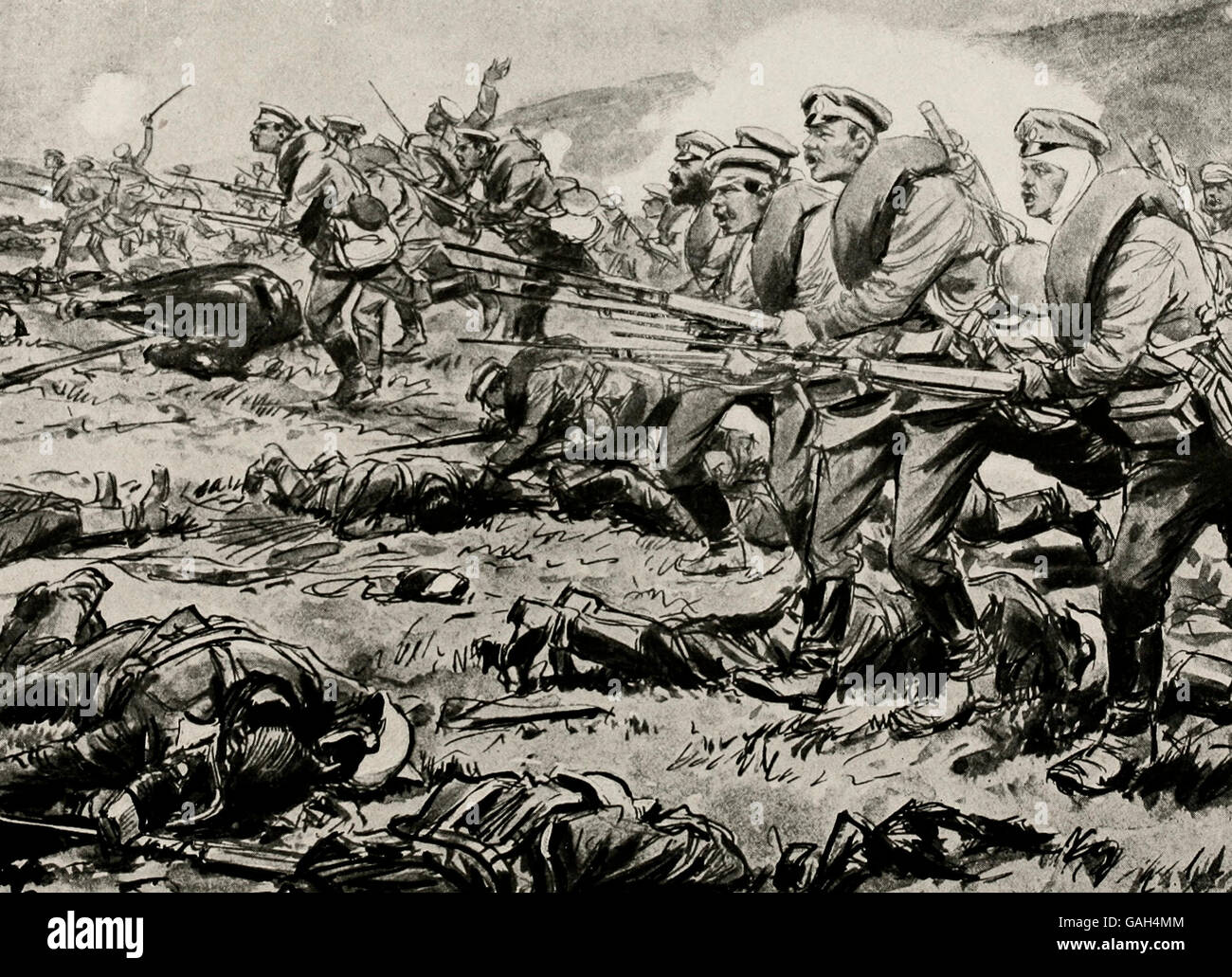 La fanteria russa, avanza sotto il fuoco durante la Prima Guerra Mondiale Foto Stock
