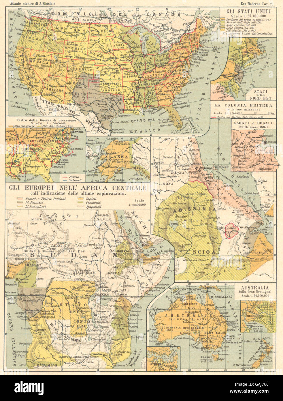 Mondo: Africa; Stati Uniti; Guerra Secessione; Eritrea; Australia, 1889 Mappa Foto Stock