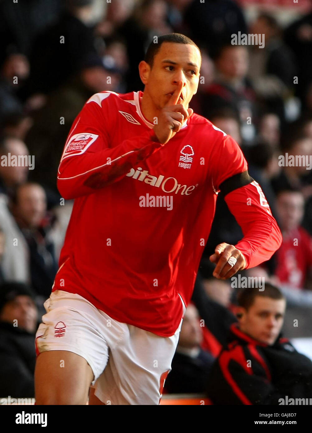 Nathan Tyson della Nottingham Forest celebra il punteggio durante la partita della Coca-Cola League 1 al City Ground di Nottingham. Foto Stock