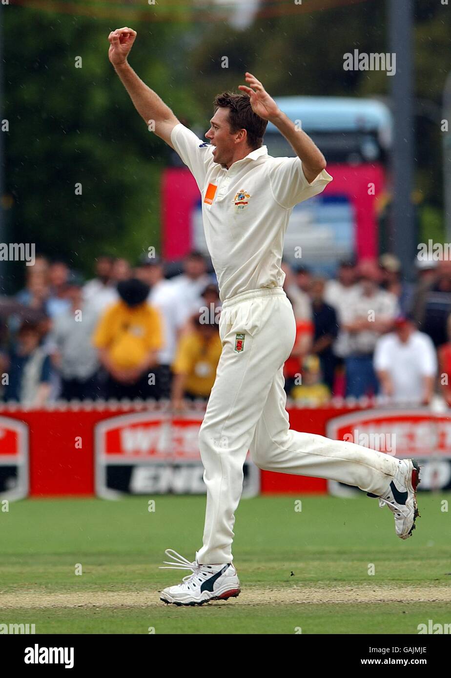 Cricket - The Ashes - seconda prova - Quarta giornata - Australia / Inghilterra. Glenn McGrath in Australia celebra l'ultimo wicket, Richard Dawson in Inghilterra, catturato da Adam Gilchrist Foto Stock