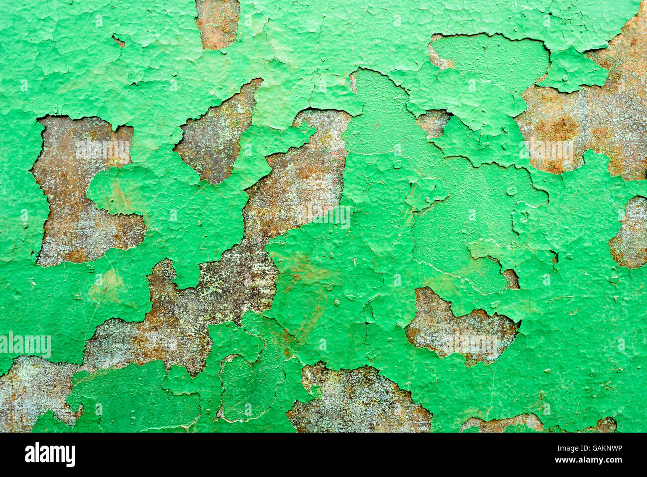 Green sfald vernice caduta di un metallo arrugginito superficie con Spalato e vernici di cracking fori. Foto Stock