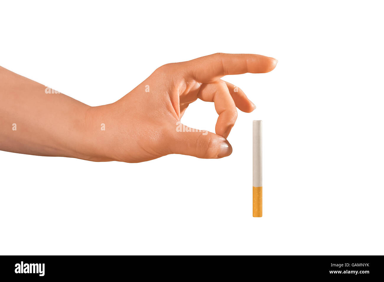 Donna cercando di smettere di fumare spingendola lontano della sua isolata su bianco. Foto Stock