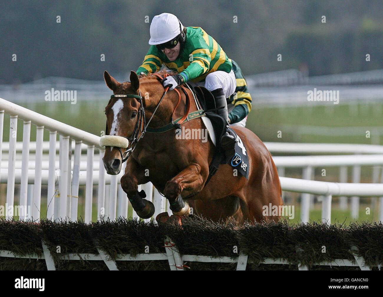 Il jockey Tony McCoys corre Jered alla vittoria nel campione del vcbet.com Novice Hundle durante il National Hunt Festival 2008 al Punchestown Racecourse, Irlanda. Foto Stock