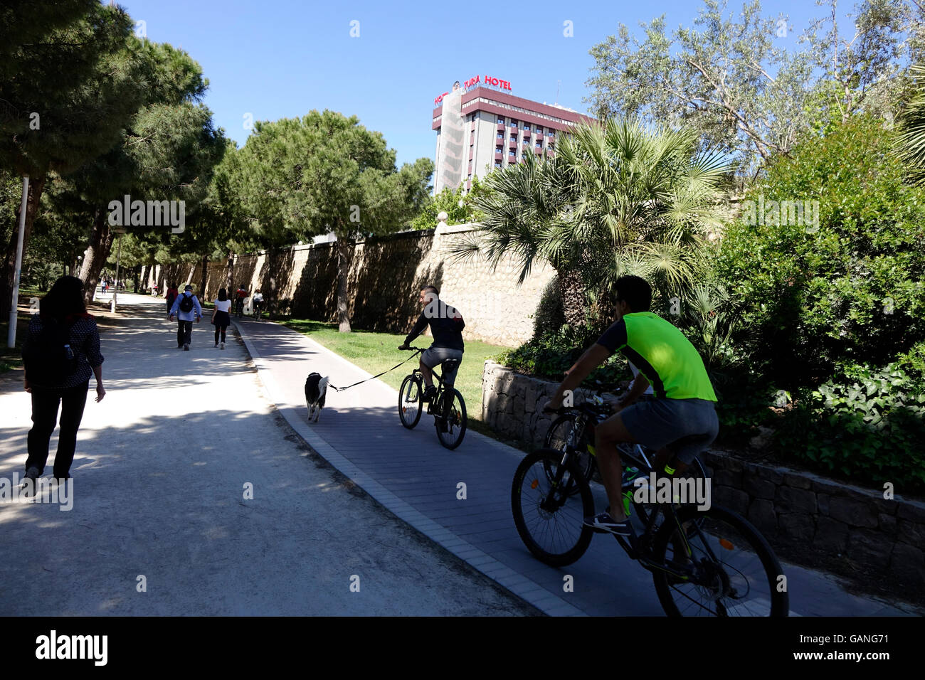 Le persone che usano le passeggiate e piste ciclabili nel Jardi del Turia Park di Valencial, Spagna Foto Stock