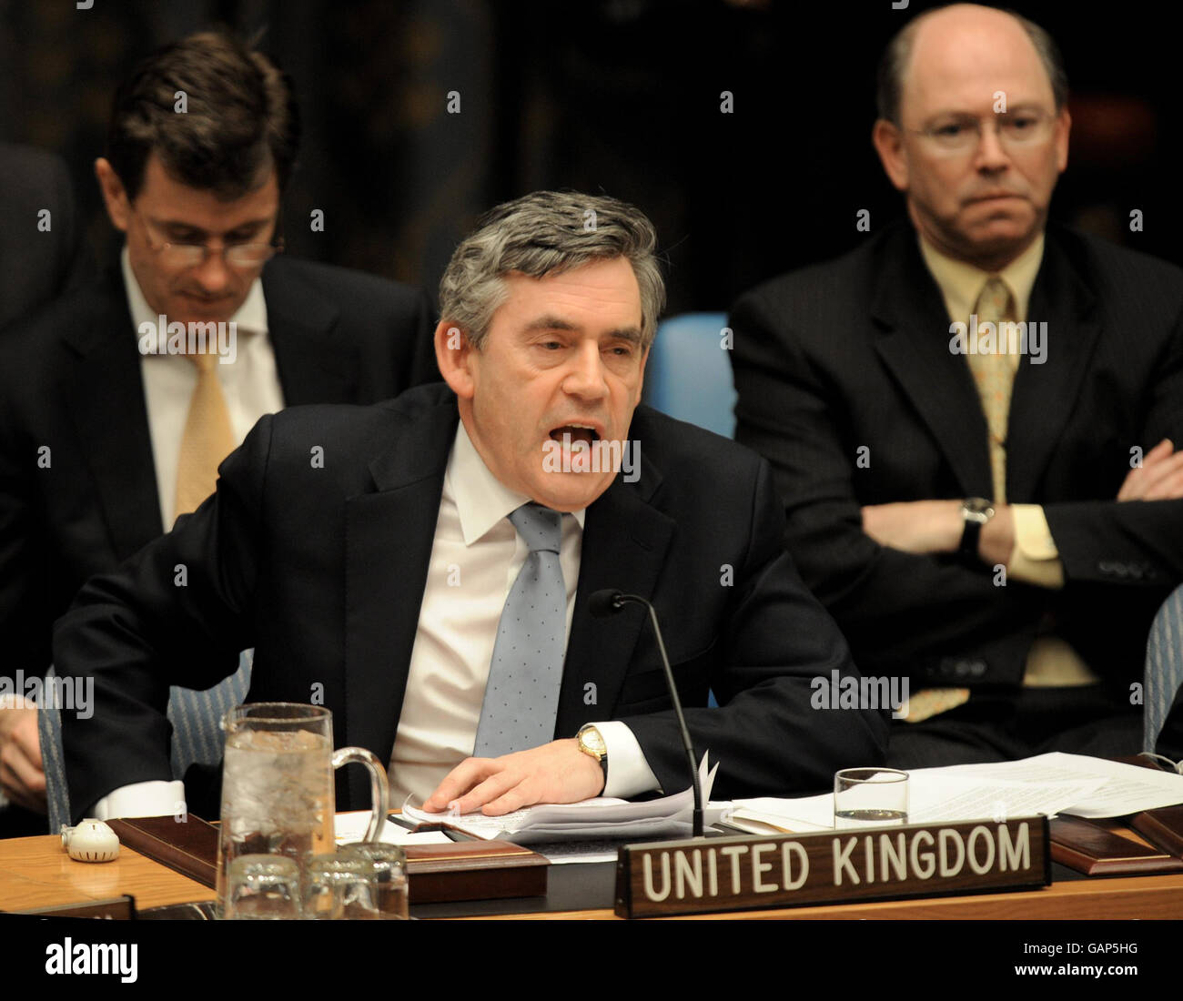 Il primo ministro britannico Gordon Brown si rivolge oggi al Consiglio di sicurezza delle Nazioni Unite presso la sede delle Nazioni Unite a New York. Foto Stock