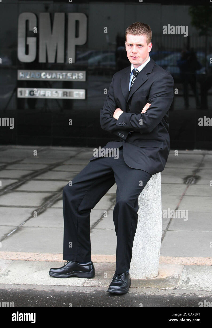 Tom Bardsley partecipa a una conferenza stampa presso la sede centrale della Greater Manchester Polce a Manchester. Foto Stock