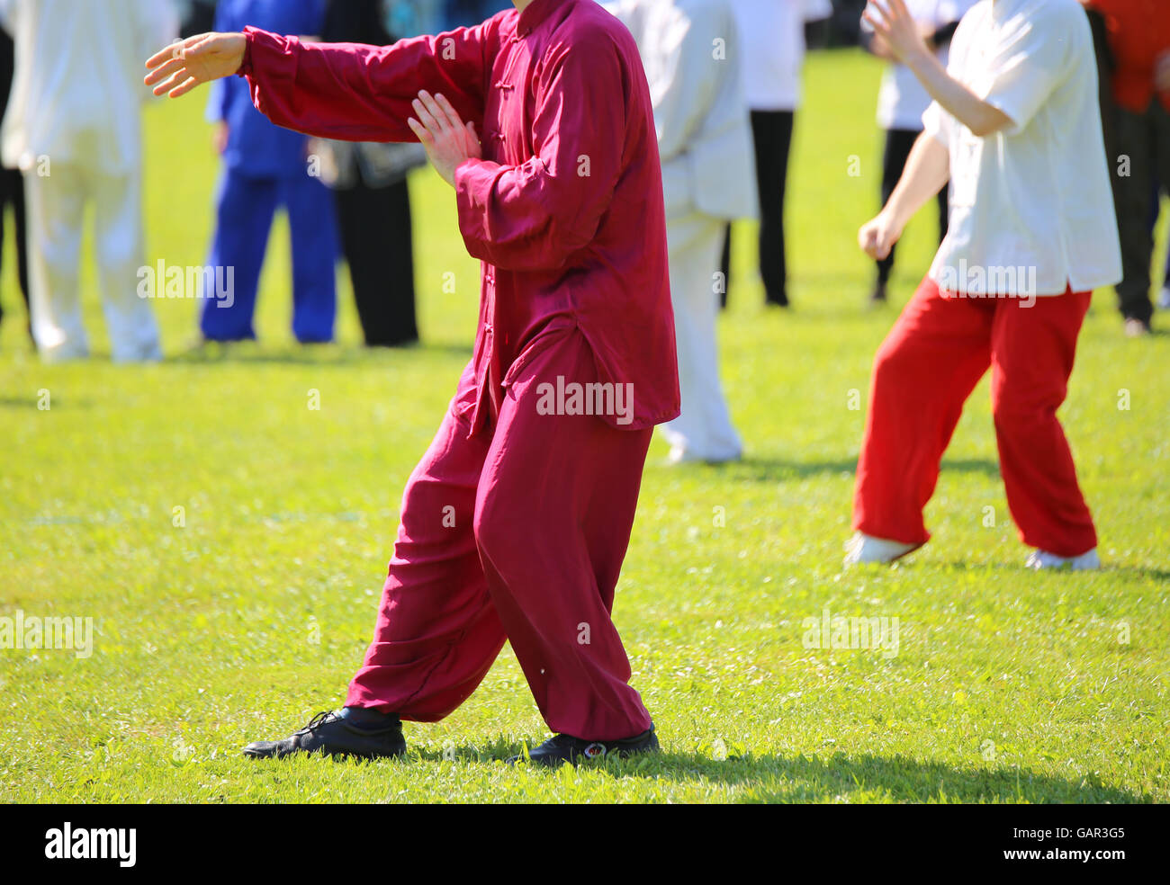 La gente esperta di arti marziali Tai Chi Il treno con movimenti per trovare la giusta posizione nel parco Foto Stock