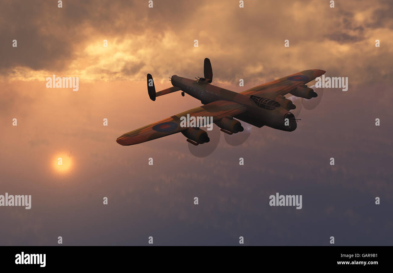 Un RAF Avro Lancaster su un tempo di notte il bombardamento di missione. Foto Stock