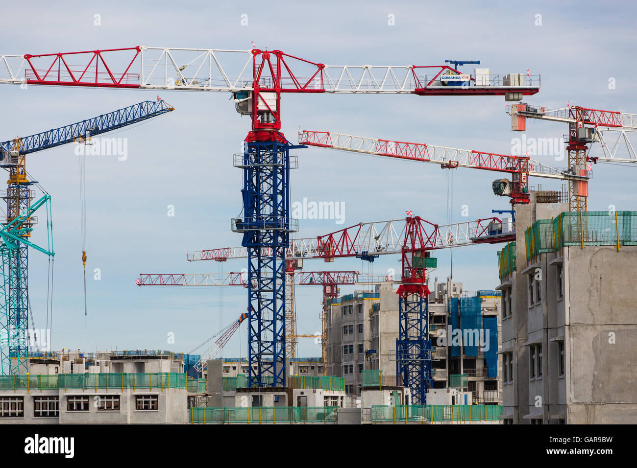 Primo piano di più gru a torre nell'attività industriale dei cantieri edili. Singapore. Foto Stock