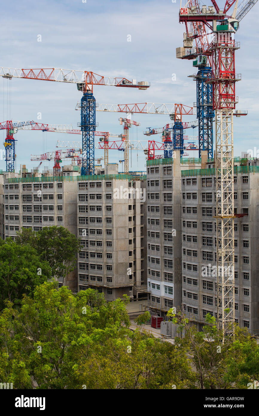 Immagine verticale delle gru a torre in cantiere nel settore industriale. Singapore Foto Stock