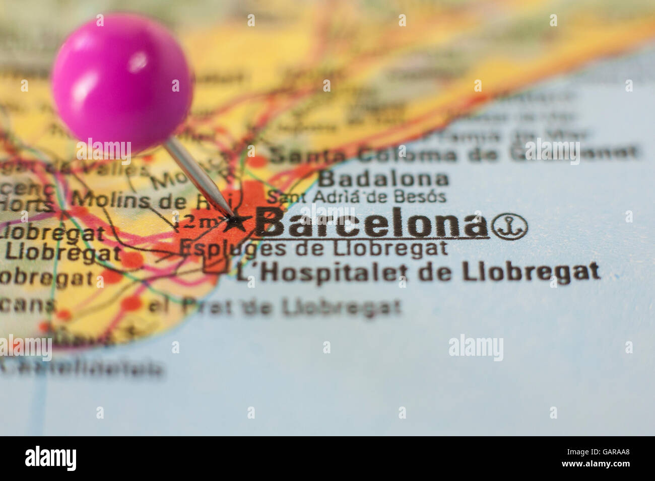 La puntina sulla marcatura di Barcellona, Spagna. Il fuoco selettivo sulla città Foto Stock