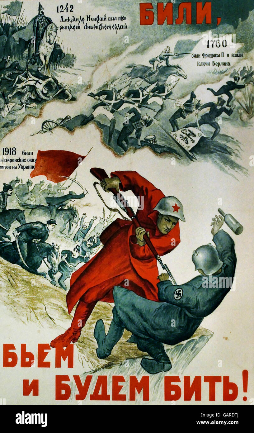 Propaganda sovietica poster abbiamo battuto, noi siamo, siamo batterli, potremo batterli Mosca 1941 Berlino Germania nazista Foto Stock