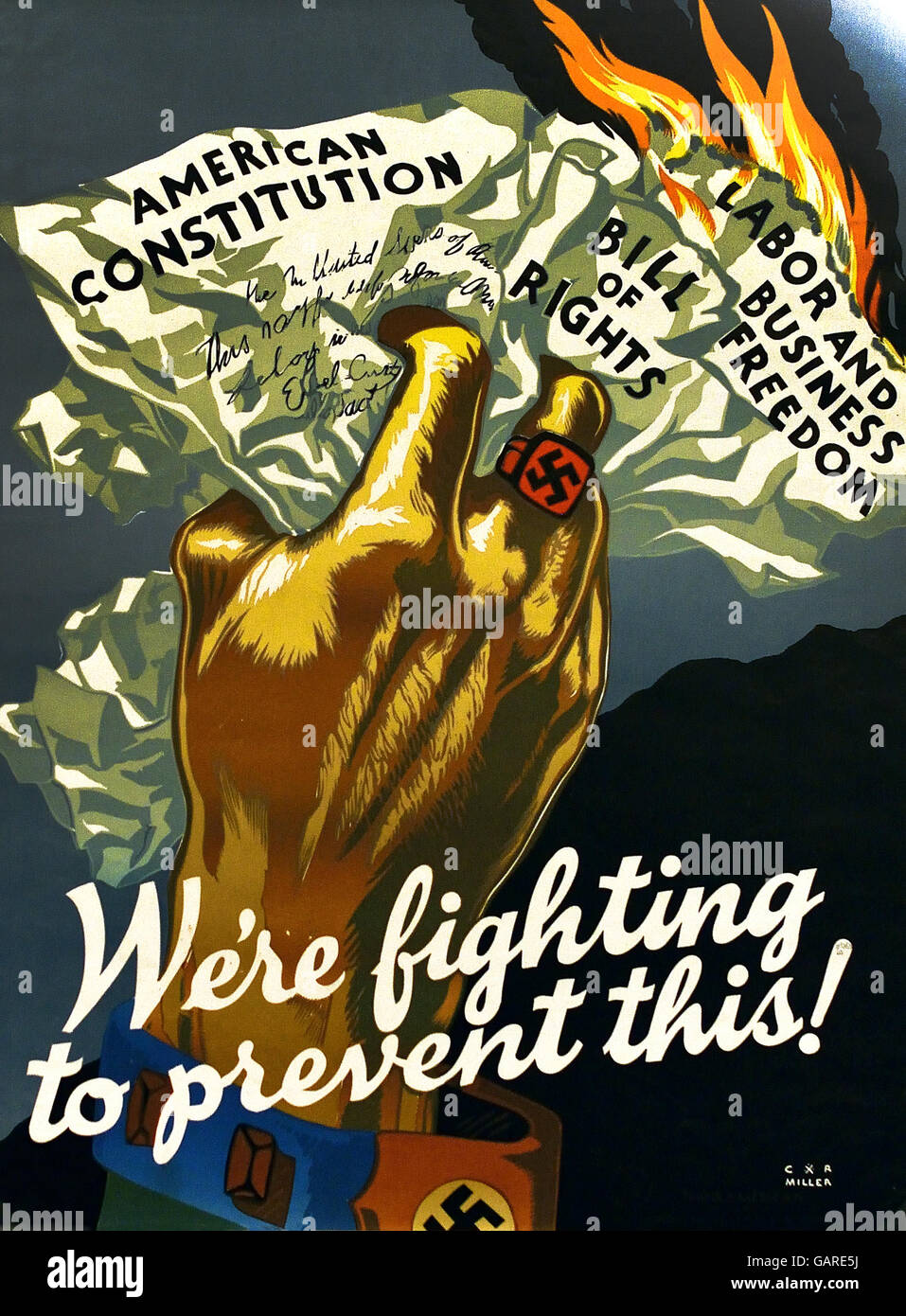 Manifesto di propaganda americano della Seconda Guerra Mondiale di C R Miller intitolato Stiamo combattendo per prevenire questo, che mostra una mano nazista che schiaccia la Costituzione degli Stati Uniti, circa 1943.Stiamo combattendo per prevenire questo  - Think American Institute 1943 Germania nazista Foto Stock