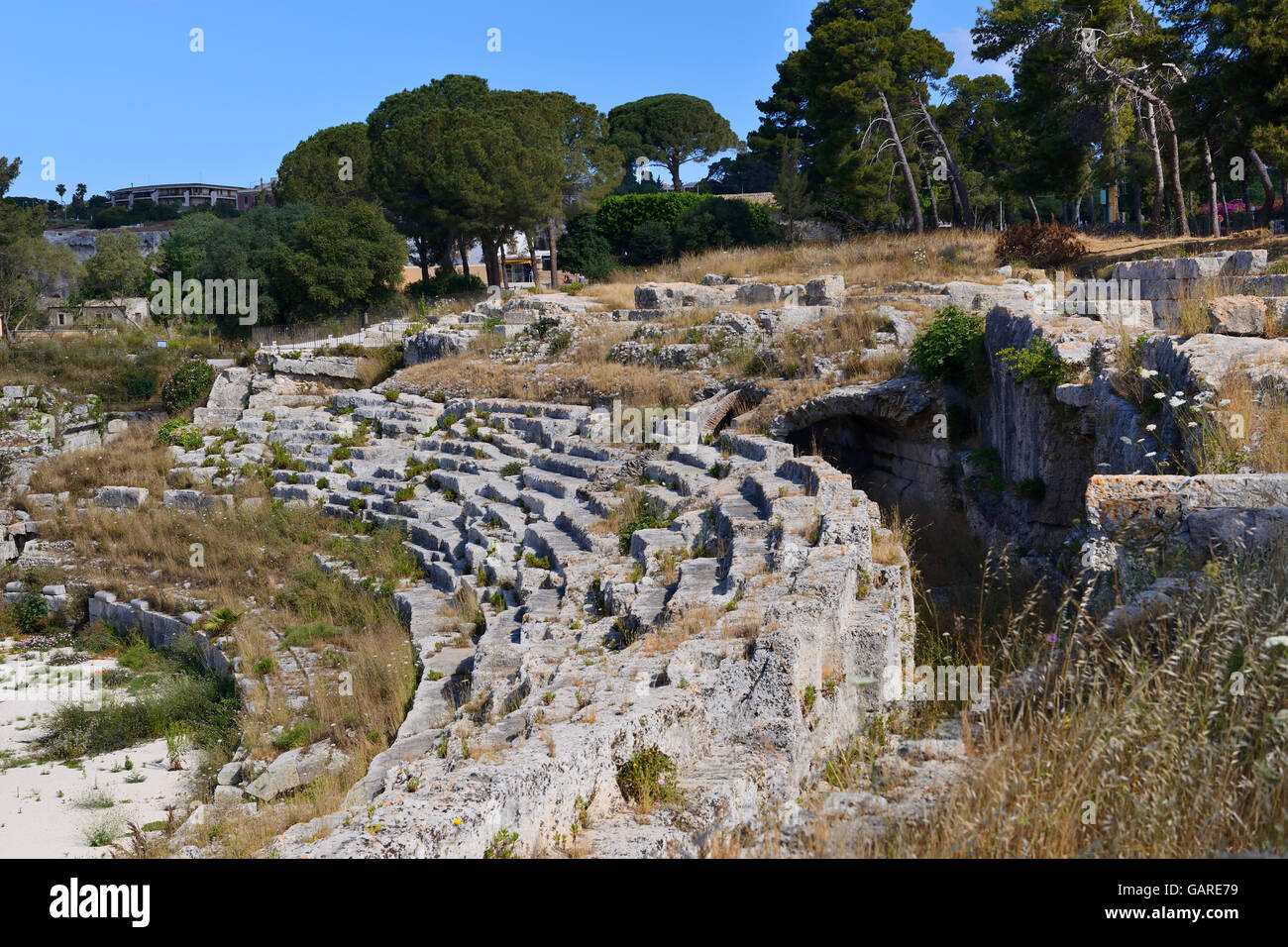 Anfiteatro romano di Neapolis zona archeologica, Siracusa, Sicilia, Italia Foto Stock