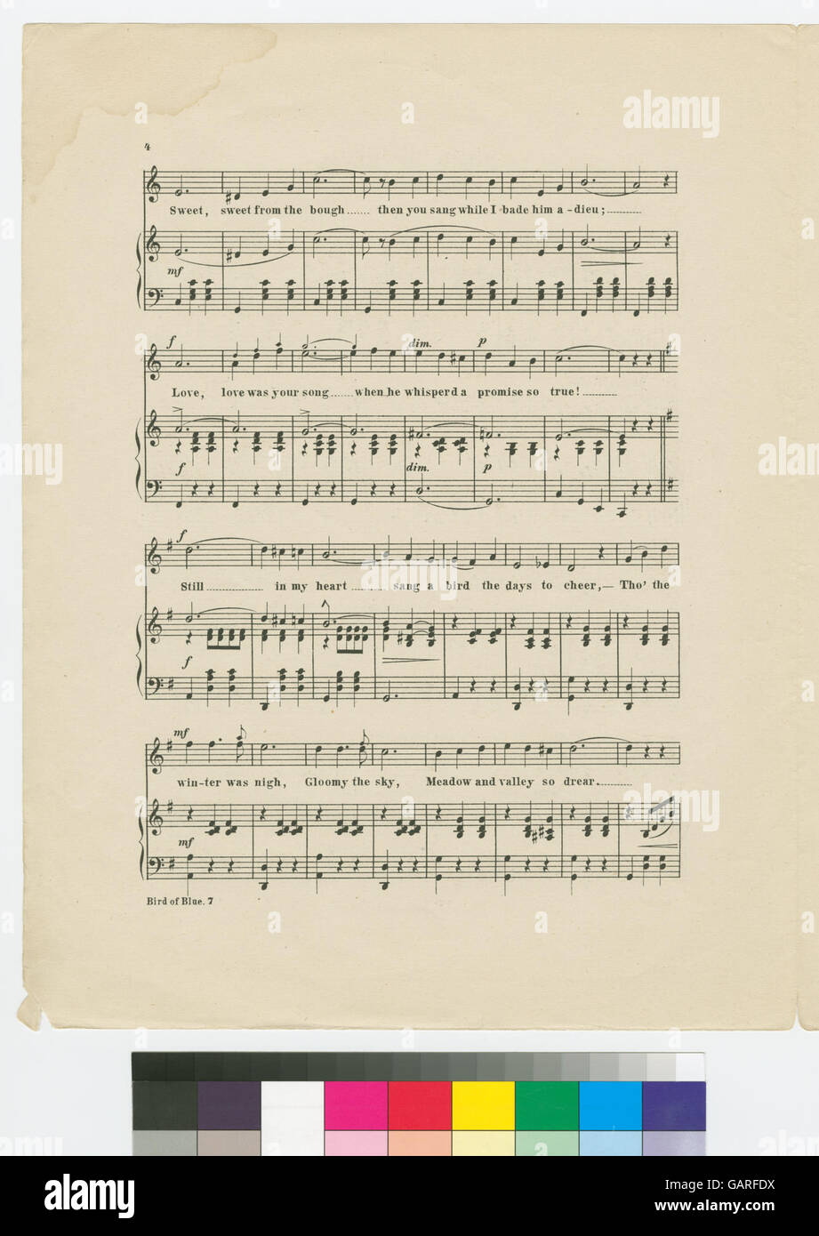 "Bird of Blue" è una canzone di valzer che evoca immagini romantiche e stravaganti, probabilmente una canzone di danza popolare nel XIX o all'inizio del XX secolo con una melodia spensierata. Foto Stock