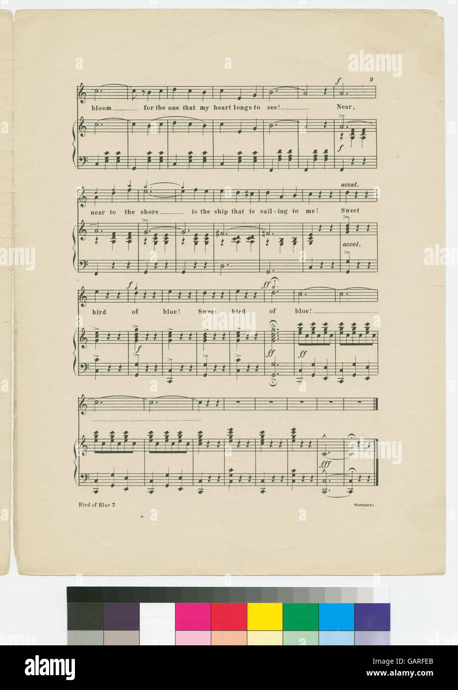 "Bird of Blue - Waltz Song" è un valzer composto probabilmente per l'esecuzione orchestrale, che si concentra su una melodia delicata e bella, con l'uccello del blu che simboleggia la grazia o la bellezza. Foto Stock