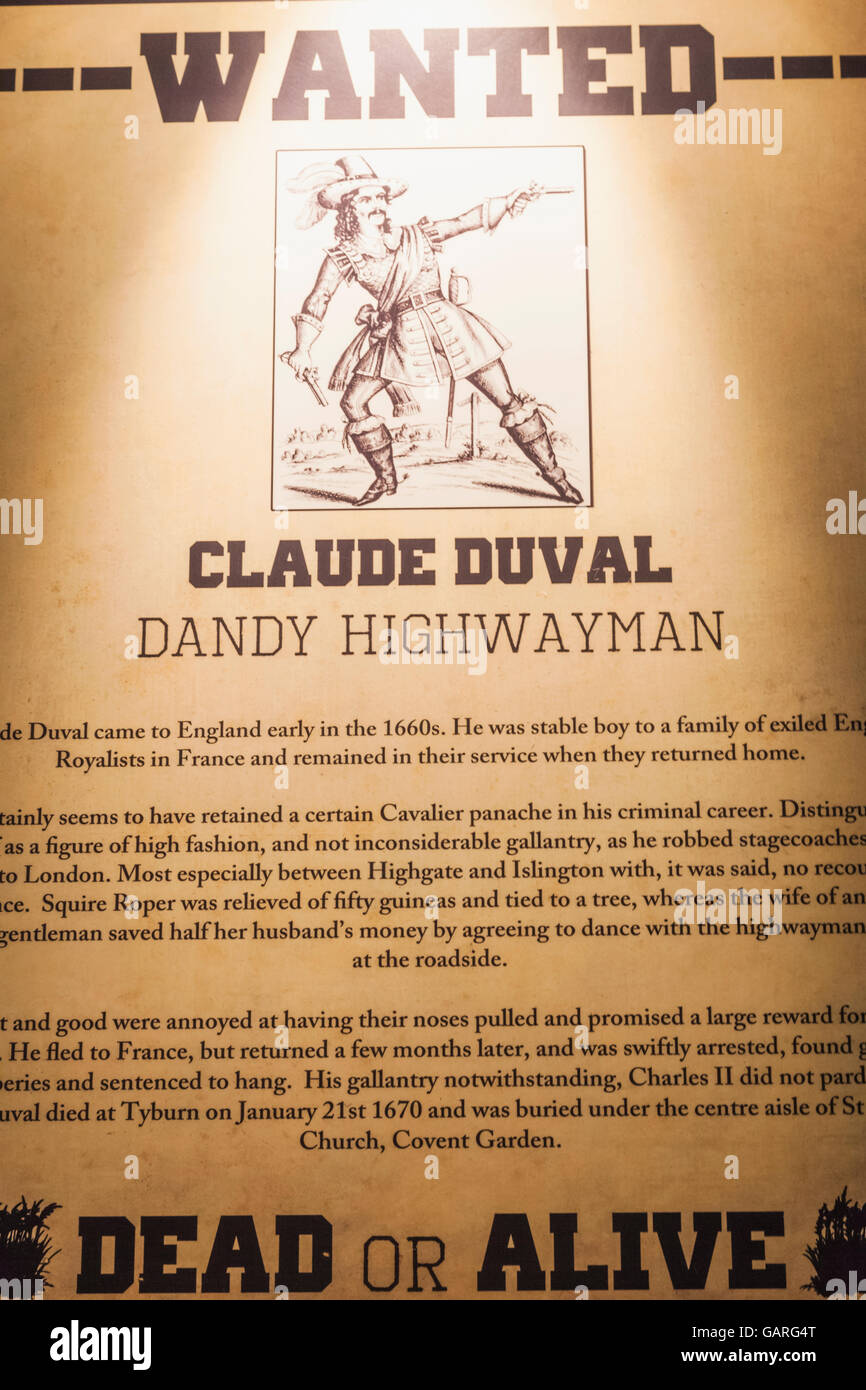 Inghilterra, Londra, Southwark, Clink Prison Museum, storico manifesto wanted di Claude Duval The Highwayman Foto Stock