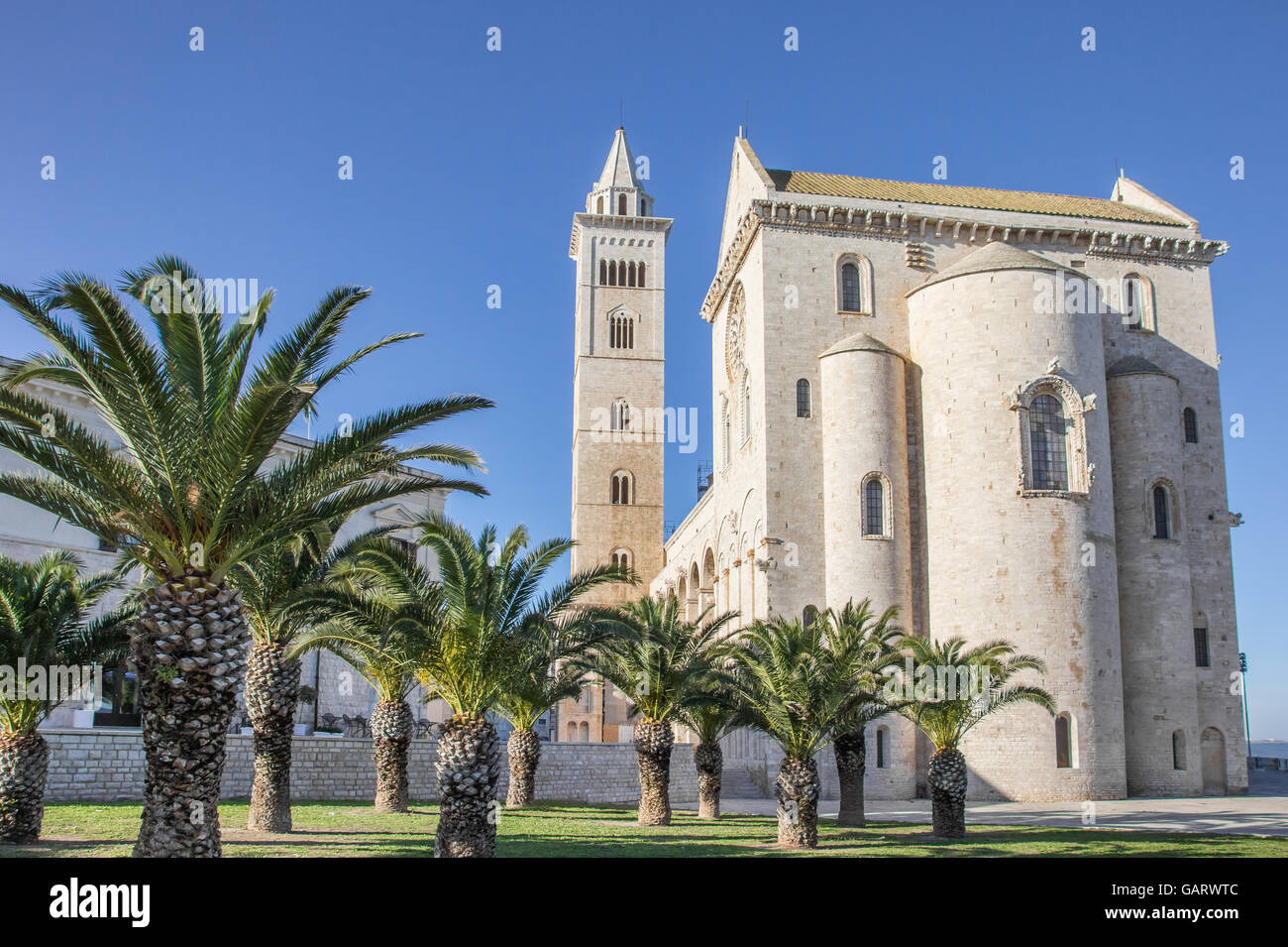 Cattedrale di Trani, Italia, con palme davanti Foto Stock