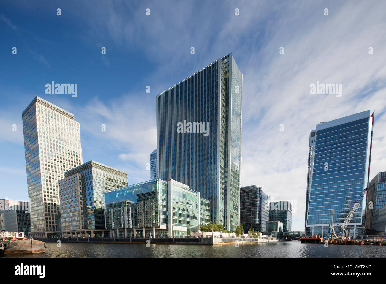 Grattacieli finanziari dei Docklands di Londra, canary wharf sparato da un unico alto punto di vantaggio Foto Stock
