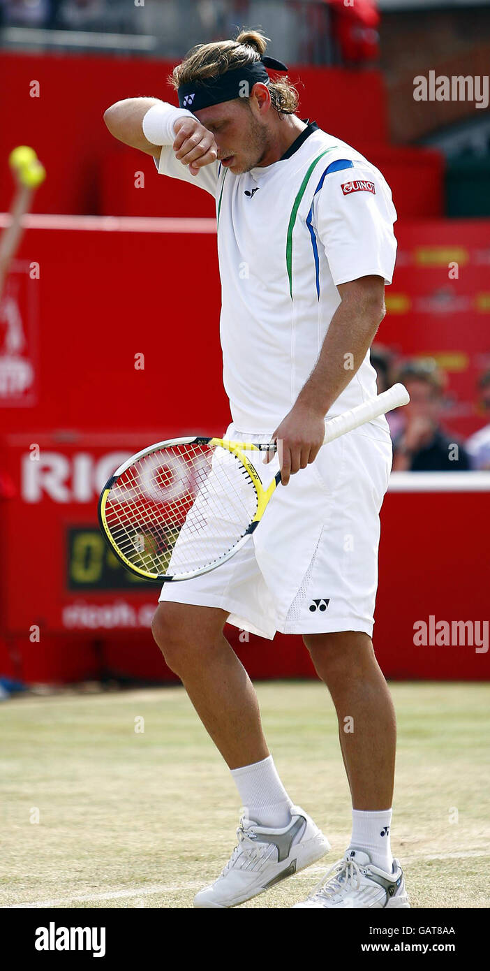 David Nalbandian argentino in azione contro il serbo Novak Djokovic durante i Campionati Artois al Queen's Club di Londra. Foto Stock