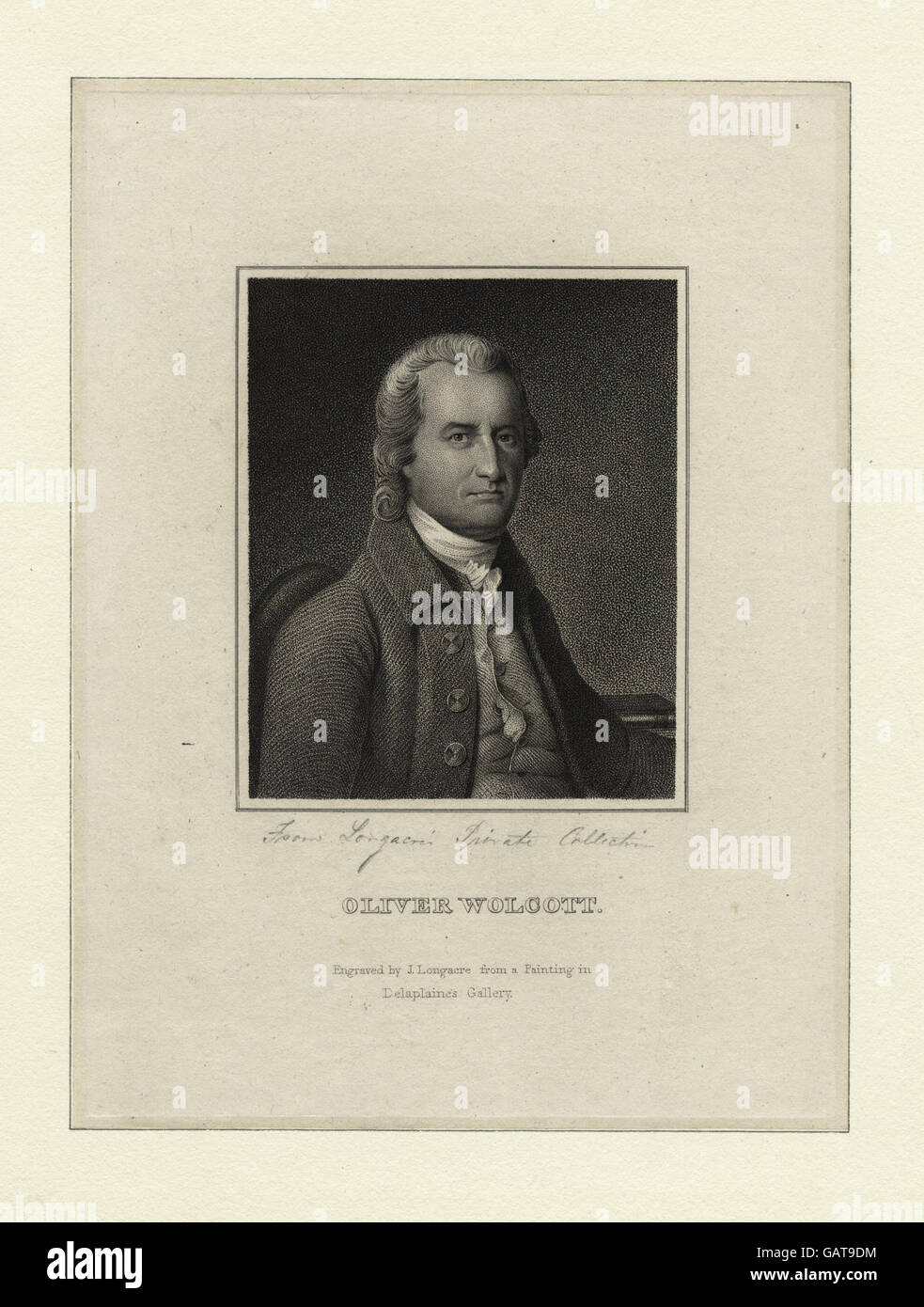 Un ritratto storico di Oliver Wolcott, uno statista americano che servì come firmatario della dichiarazione di indipendenza e in seguito come governatore del Connecticut. L'immagine mette in evidenza la sua importanza nella prima storia americana. Foto Stock