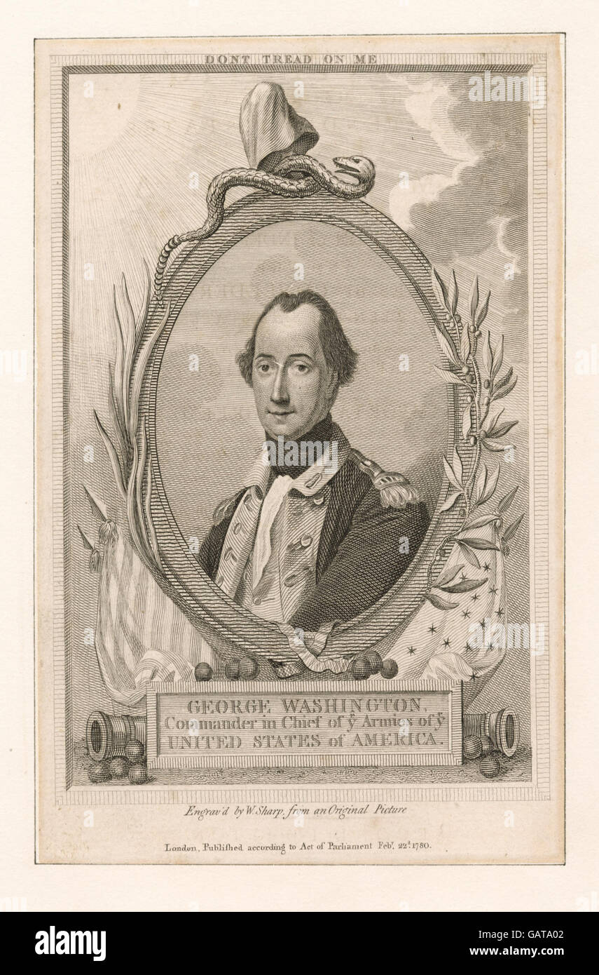 Un'incisione di George Washington, raffigurante il suo ruolo di Comandante in Capo durante la guerra di indipendenza americana. Foto Stock