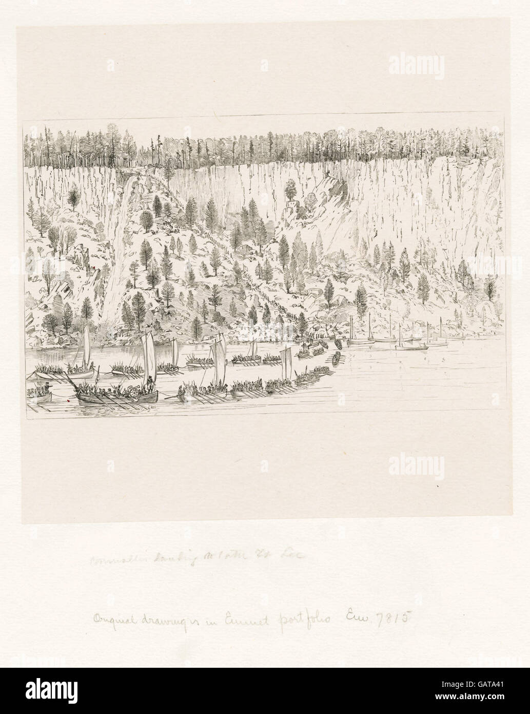 Una scena storica raffigurante lo sbarco delle truppe britanniche a Fort Lee, New Jersey, il 20 novembre 1776, durante la guerra di indipendenza americana. Questo evento segnò un momento significativo nel conflitto, quando le forze britanniche cercarono di ottenere il controllo sulle posizioni chiave. Foto Stock