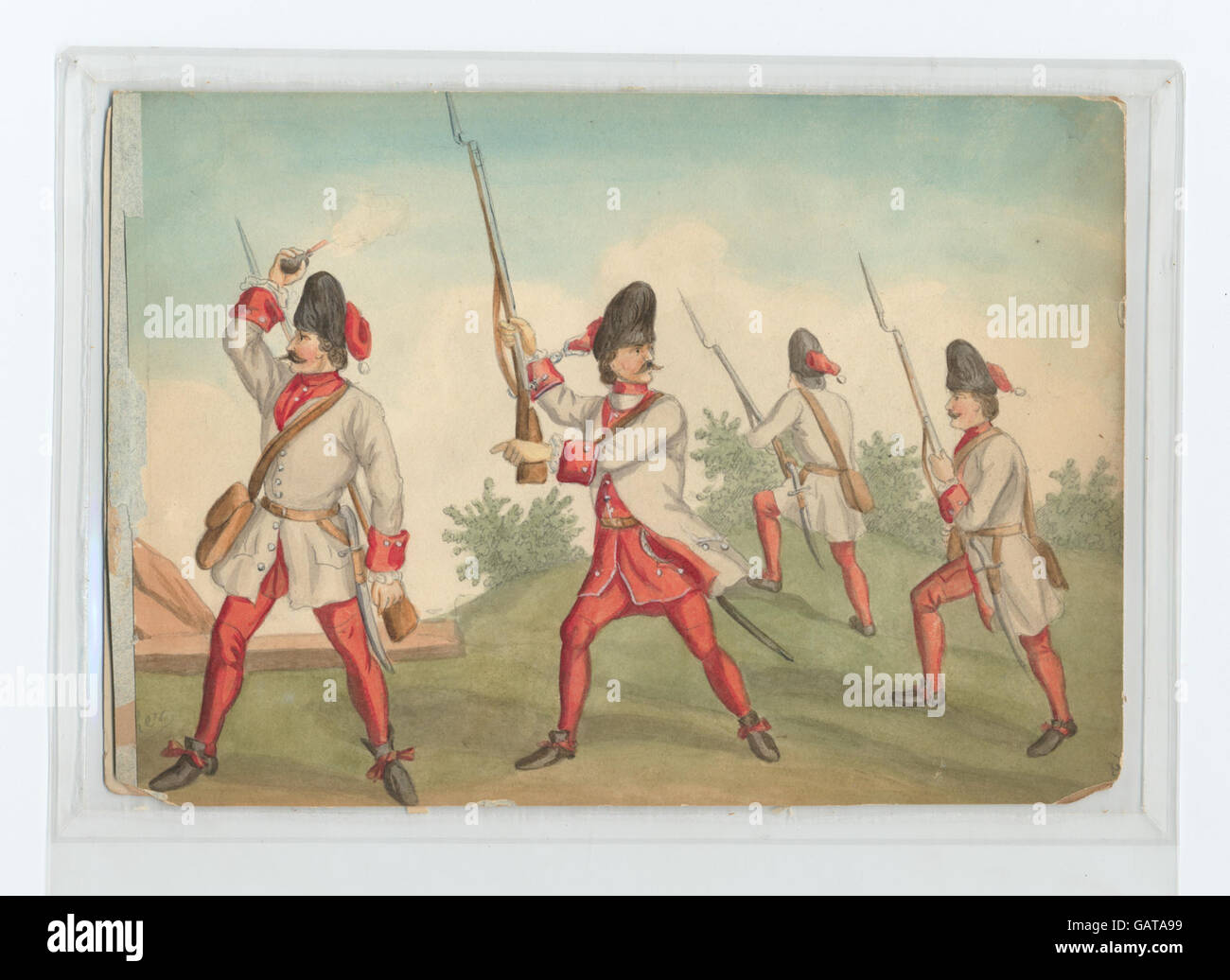 Questa opera d'arte intitolata "Grenadieren" cattura la forza e lo spirito militare dei granatieri. Il dipinto mostra i soldati in uniforme, enfatizzando la disciplina e il valore dei militari. Foto Stock