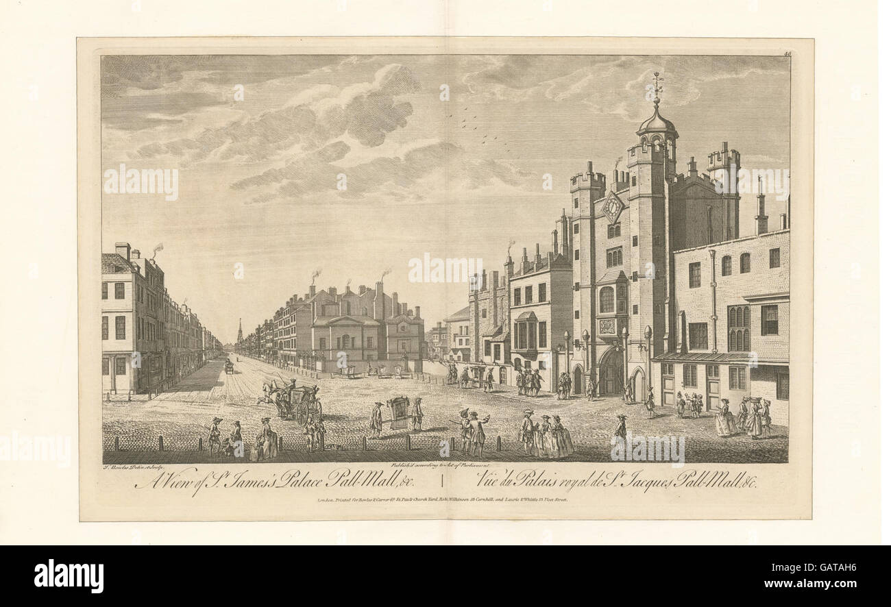 Questa vista storica cattura St. James's Palace a Pall Mall, Londra. Conosciuto per la sua grandezza architettonica, il palazzo rimane una delle più antiche residenze reali del Regno Unito, risalente al XVI secolo. Foto Stock