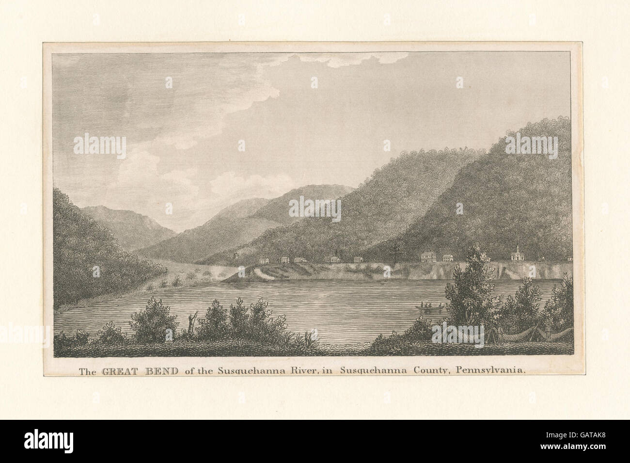 Questa fotografia d'epoca cattura il Great Bend del fiume Susquehanna in Pennsylvania, mostrando il tortuoso fiume e la bellezza naturale della contea di Susquehanna, una caratteristica geologica significativa della regione. Foto Stock