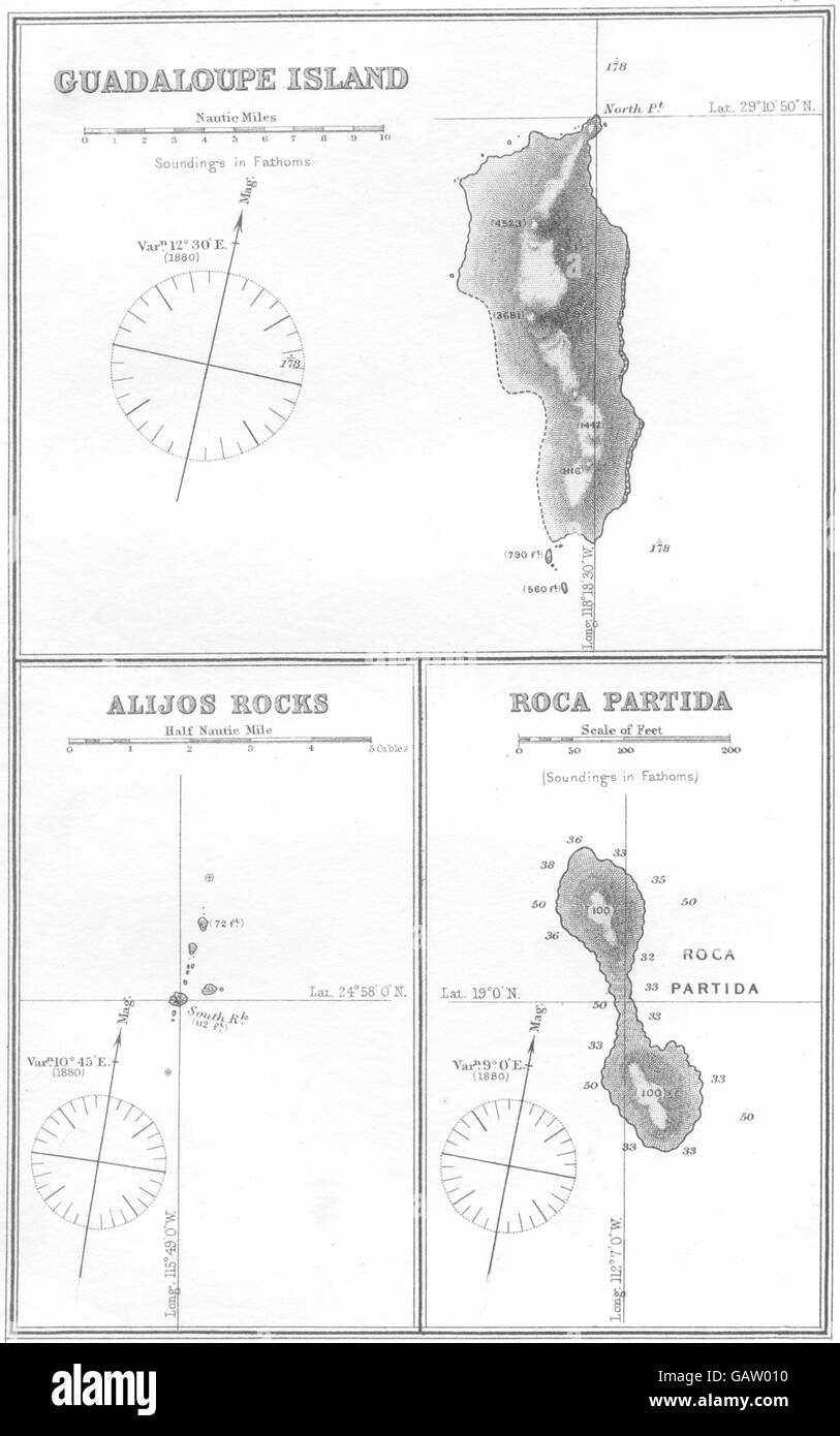 Messico: Mare grafico di Guadalupe isola; Alijos rocce; Roca Partida, 1881 Mappa Foto Stock