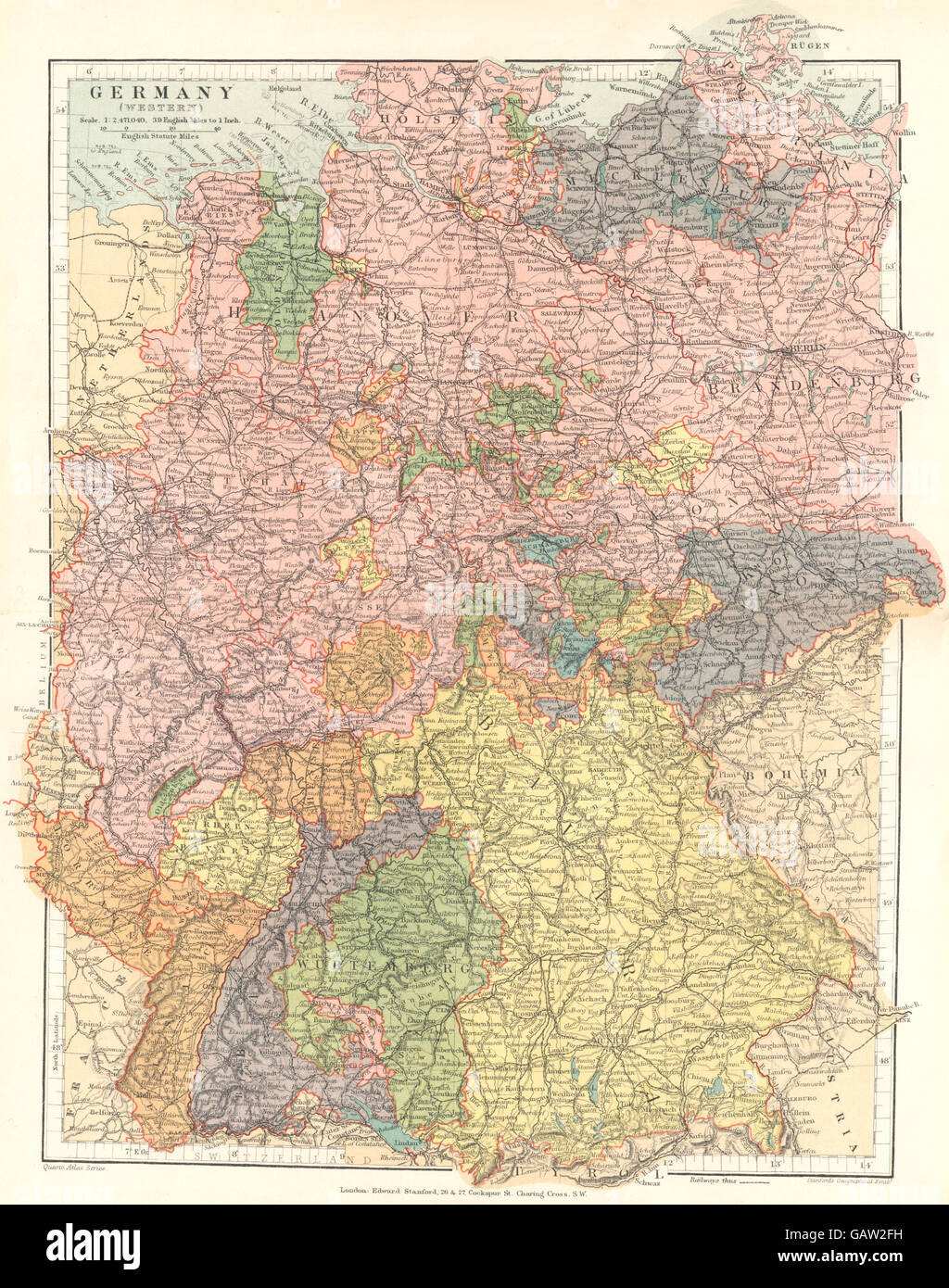 La Germania occidentale: Baviera Sassonia Hannover Mecklenburg Holstein. Stanford, 1892 Mappa Foto Stock