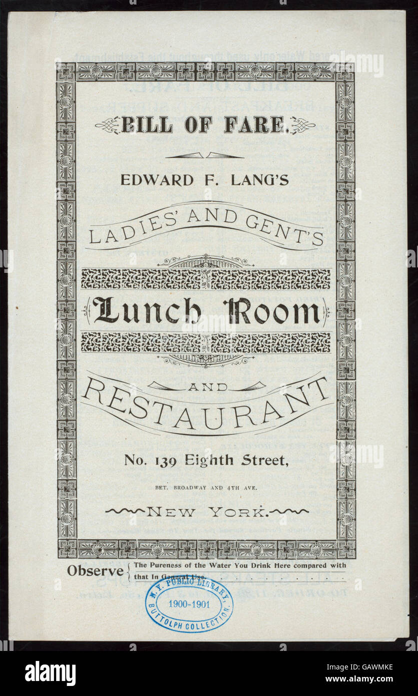 La prima colazione e la cena (detenute da Edward F. LANG le ladies' E GENT la sala da pranzo e il ristorante (a) 139 Ottava puntata Street. BROADWAY E 4TH AVE, NEW YORK (NY); (RESTO;) ( Ade-272358-475326) Foto Stock