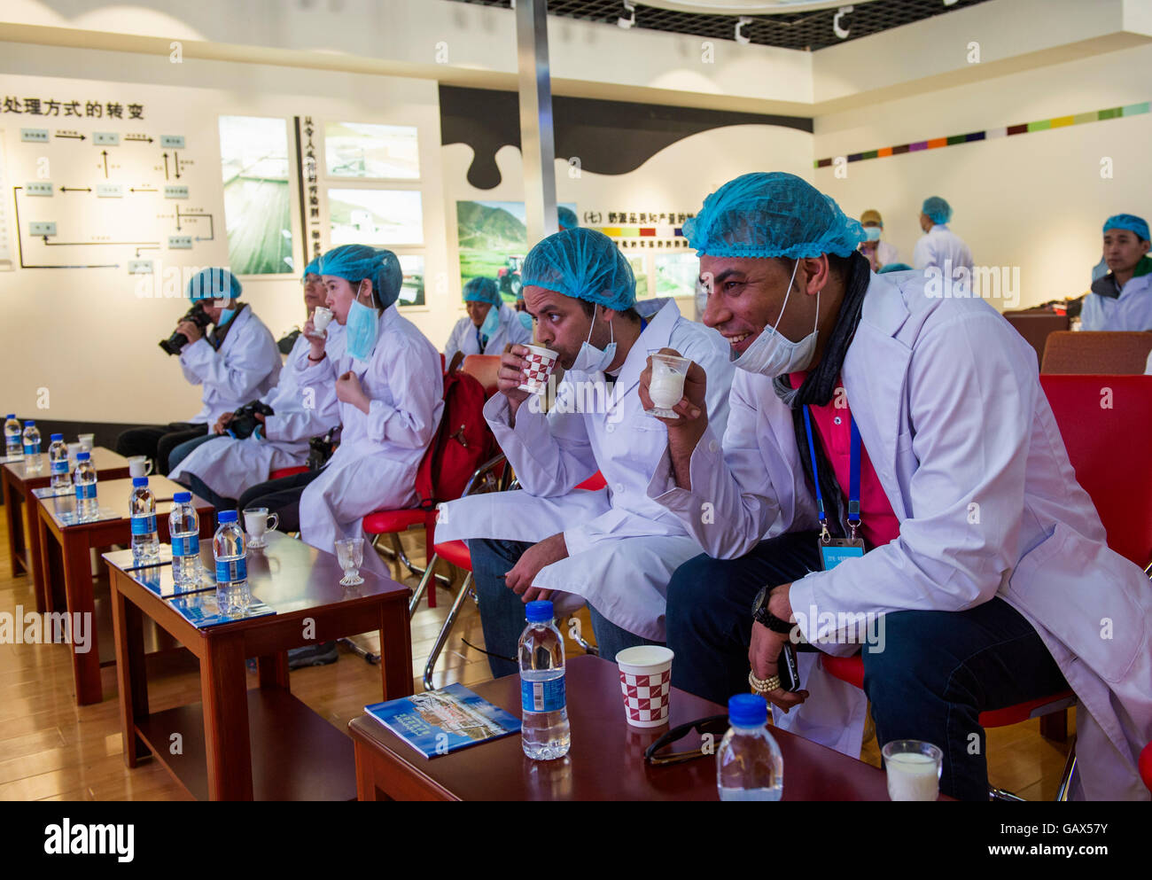 Lhasa, la Cina della regione autonoma del Tibet. 6 Luglio, 2016. Rappresentanti stranieri che frequentano il Forum sullo sviluppo del Tibet il gusto di latte a una mucca da latte centro di allevamento di Zhizhao parco industriale a Lhasa, capitale del sud-ovest della Cina di regione autonoma del Tibet, Luglio 6, 2016. Hanno visitato il Palazzo del Potala, un parco industriale e una scuola professionale a Lhasa il mercoledì. © Liu Dongjun/Xinhua/Alamy Live News Foto Stock