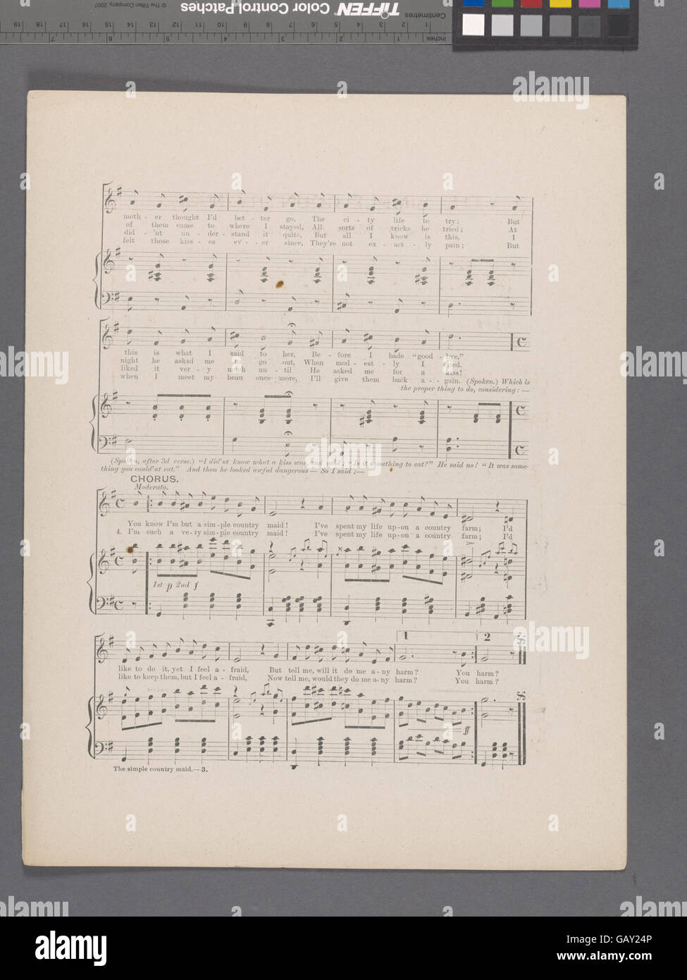 Una rappresentazione di una donna modesta o umile, possibilmente da una canzone o narrativa, spesso idealizzando la vita rurale e la semplicità. Legato a Ade-448651-1695728, può evocare temi di innocenza e fascino in un ambiente country. Foto Stock