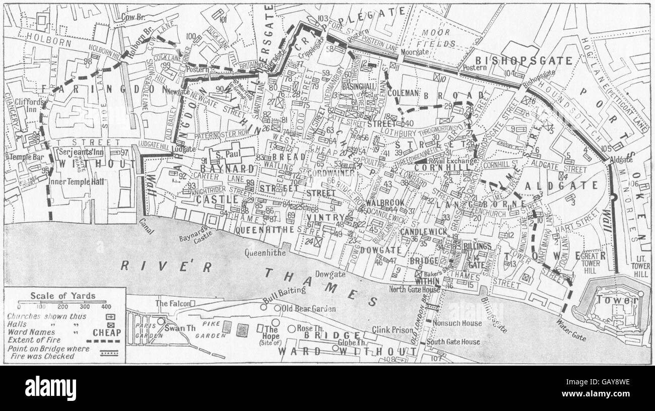 Londra: chiese cittadine, circoscrizioni Guildhalls prima del grande fuoco, 1926 mappa vecchia Foto Stock