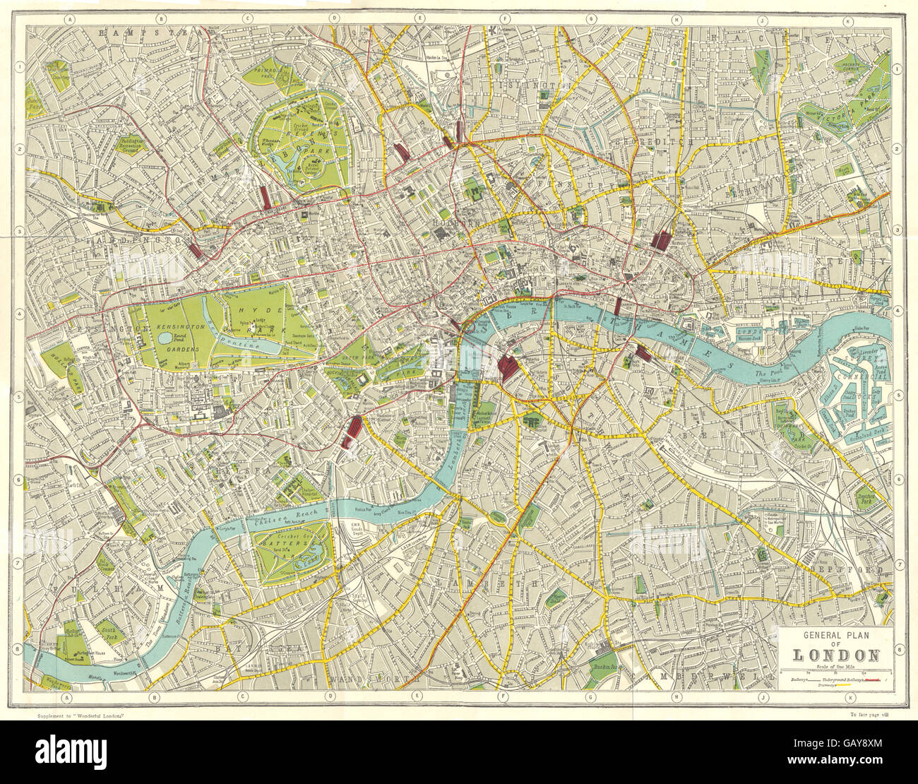 Londra: il piano generale di Londra, 1926 Vintage map Foto Stock