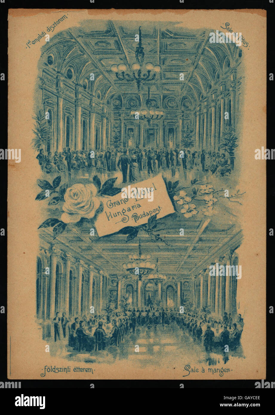 Una cena organizzata presso il Grand Hotel di Budapest, in Ungheria, rinomato per le sue lussuose sistemazioni e i suoi raffinati ristoranti, offre un'esperienza prestigiosa nel cuore della città. Foto Stock