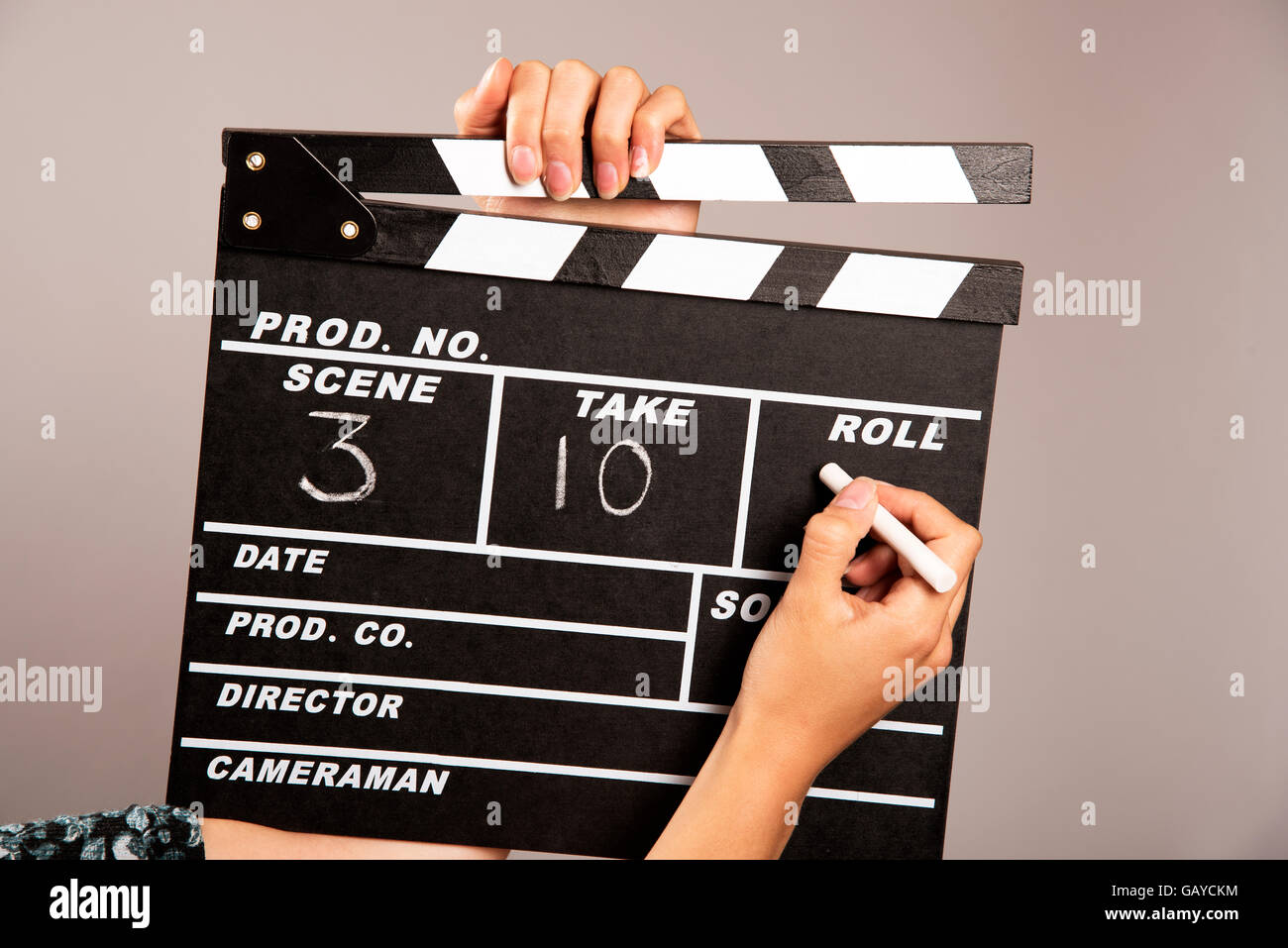 Lo sfarinamento dettagli su un set cinematografico battaglio board Foto Stock