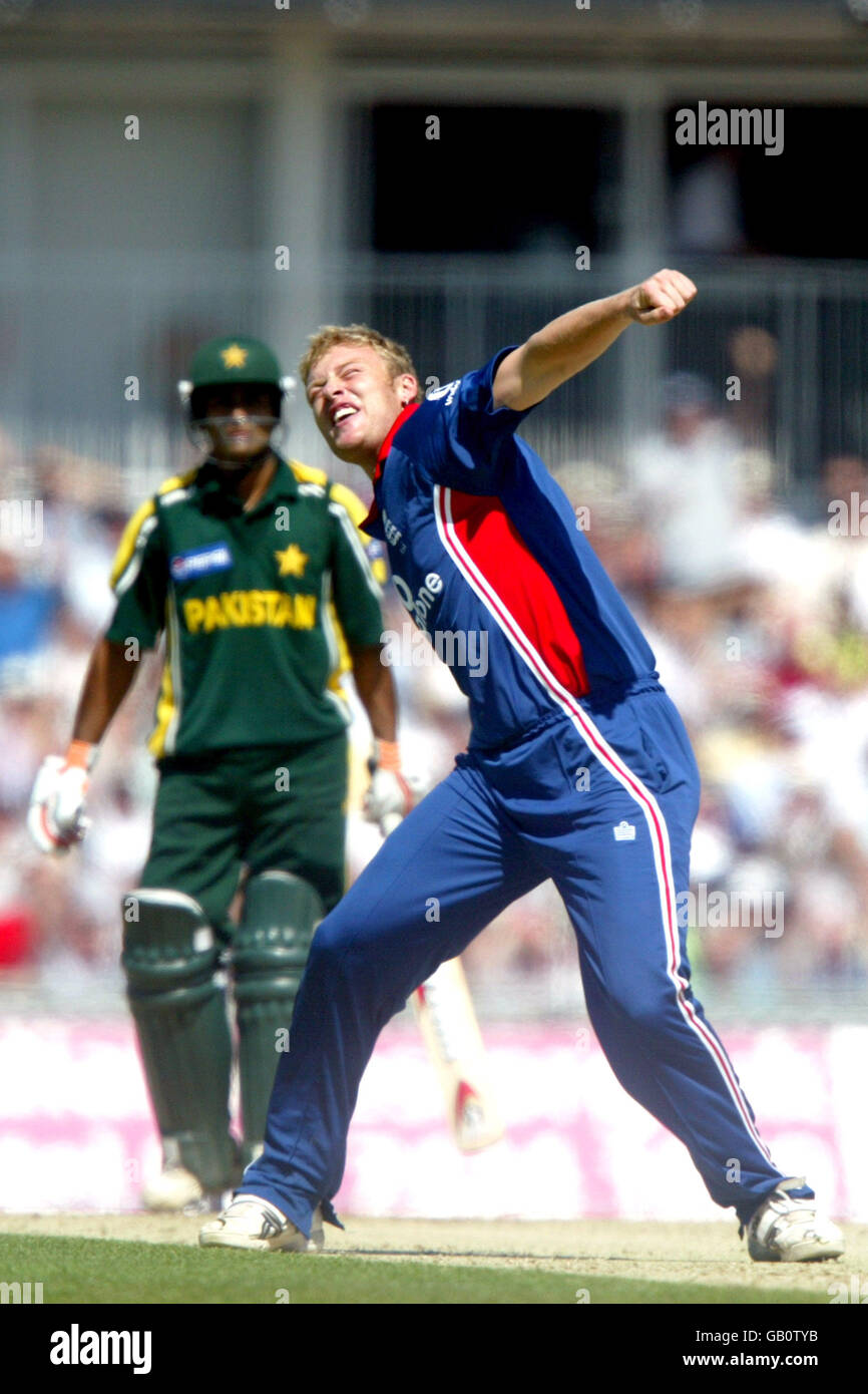 Cricket - la sfida NatWest - Inghilterra / Pakistan. Andrew Flintoff in Inghilterra celebra il cazzo di Mohammad Hafeez in Pakistan Foto Stock