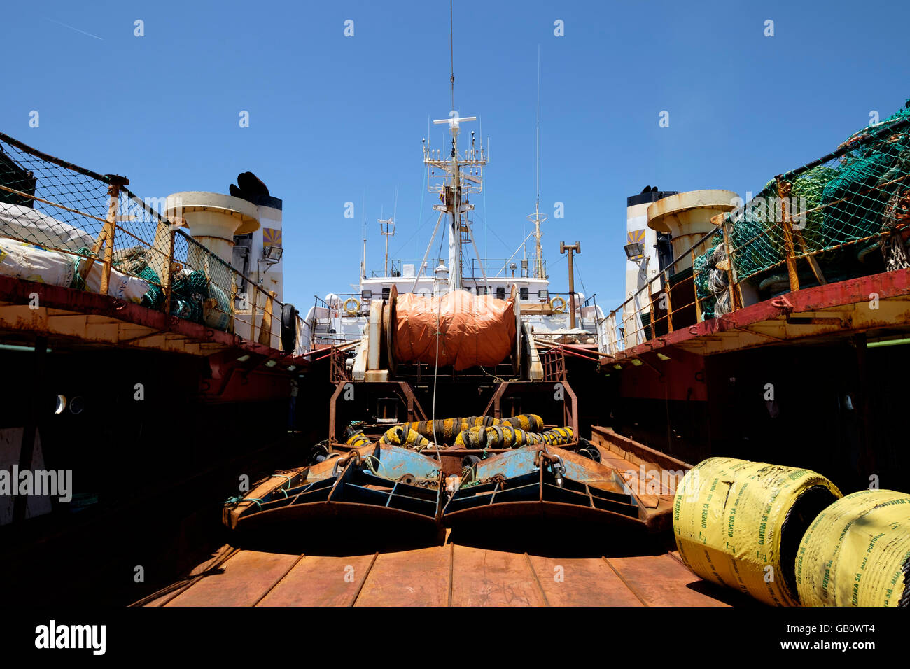 Ponte di una nave Bacalhoeiro, un tipo di pesca portoghese barca usata per la cattura del merluzzo pesce dell'Atlantico del Nord Foto Stock