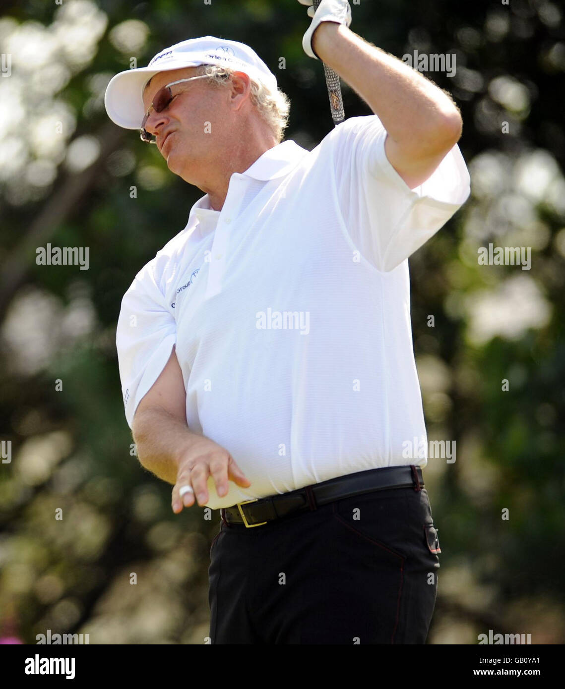 Il Sandy Lyle della Scozia reagisce durante il British Seniors Open, il Royal Troon Golf Club, Ayrshire. Foto Stock