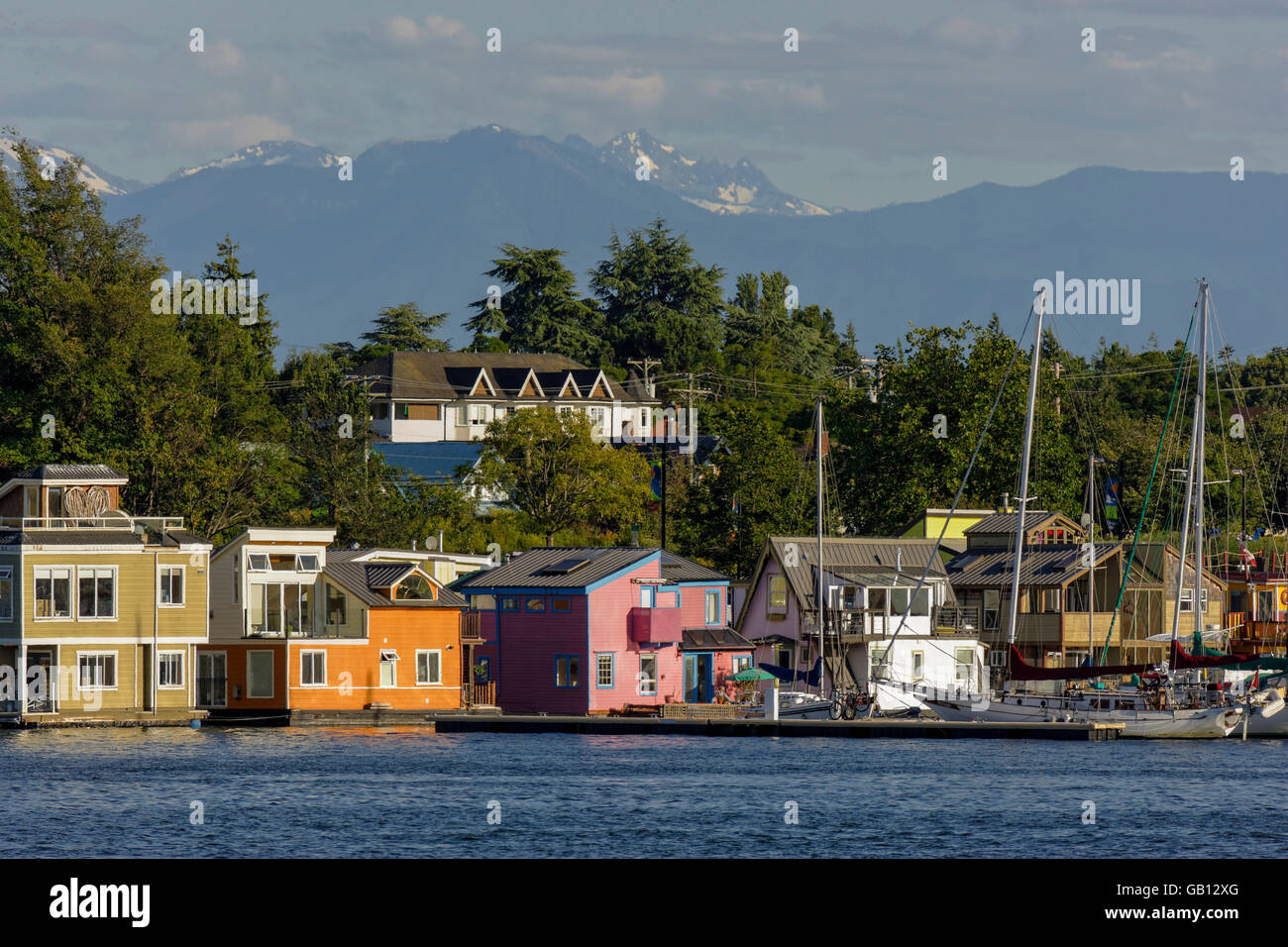 Case galleggianti al Fisherman's Wharf marina-Victoria, Isola di Vancouver, British Columbia, Canada. Foto Stock