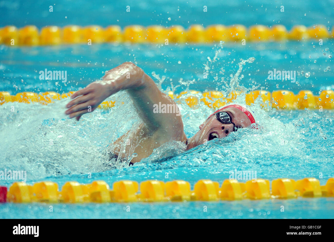 Thomas Haffield della Gran Bretagna in azione nel Medley individuale da 400 m per uomini al National Aquatic Center di Pechino, Cina. Foto Stock